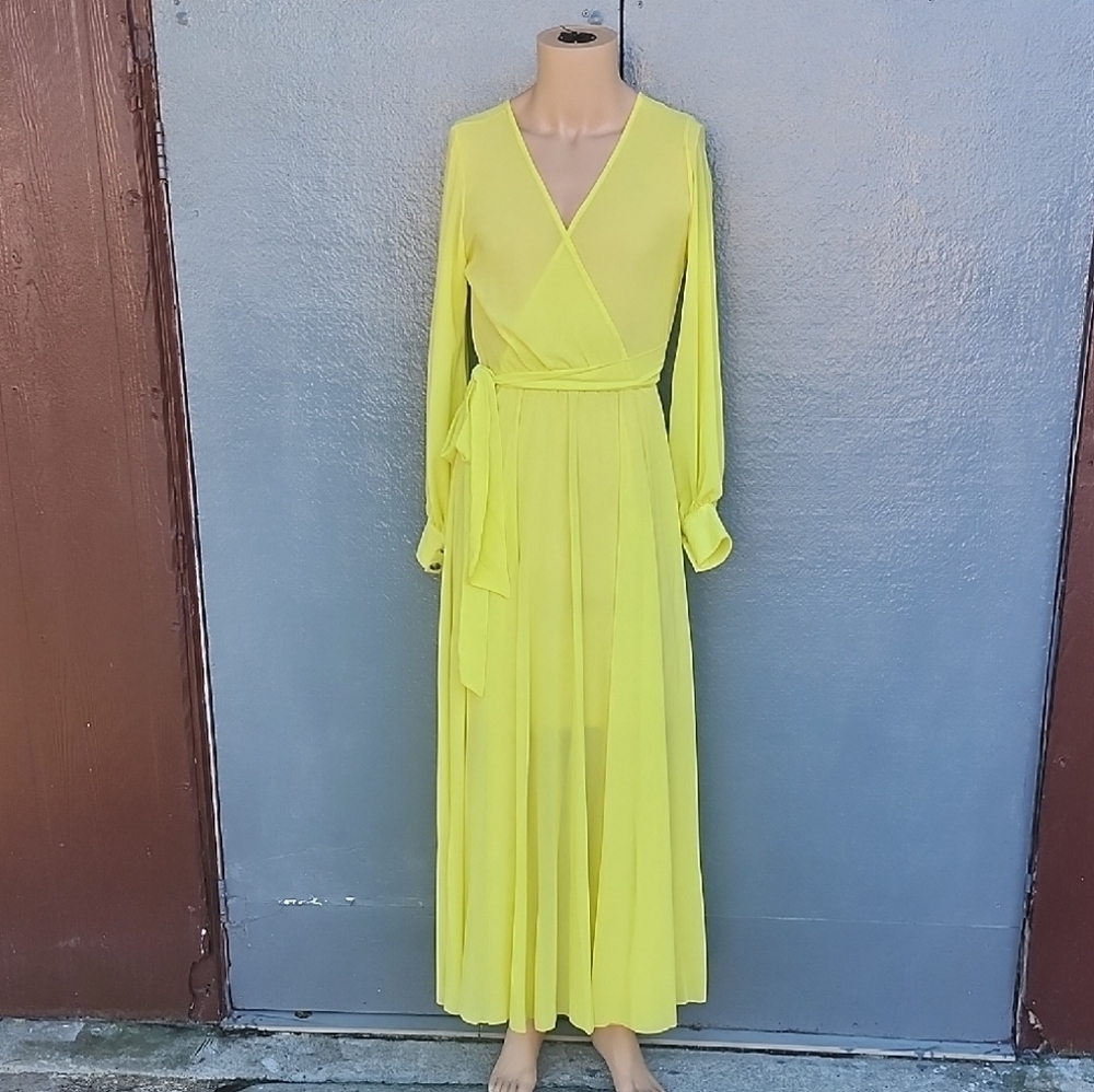 Vintage Bohemian Neon Elegant Long Sleeve Yellow Wrap Dress - Picture 2 of 11